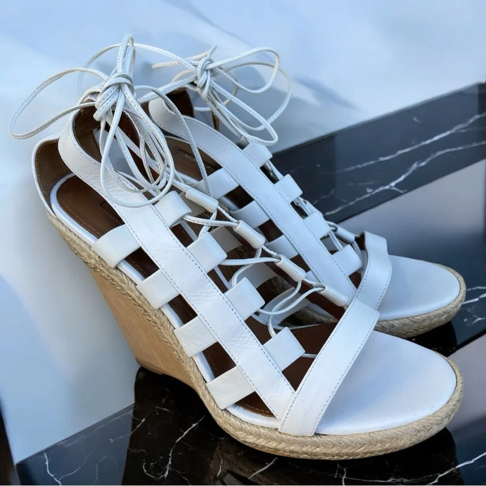 Aquazzura Firenze Amazon Gladiator White Leather Lace-Up Strappy Wedge Sandals